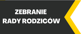 Plakat na białym tle z żółtą obwolutą i grafitowym prostokątem i tekstem "Zebranie Rady Rodziców - 20 września 2022 godz. 17.00 - sala koncertowa"