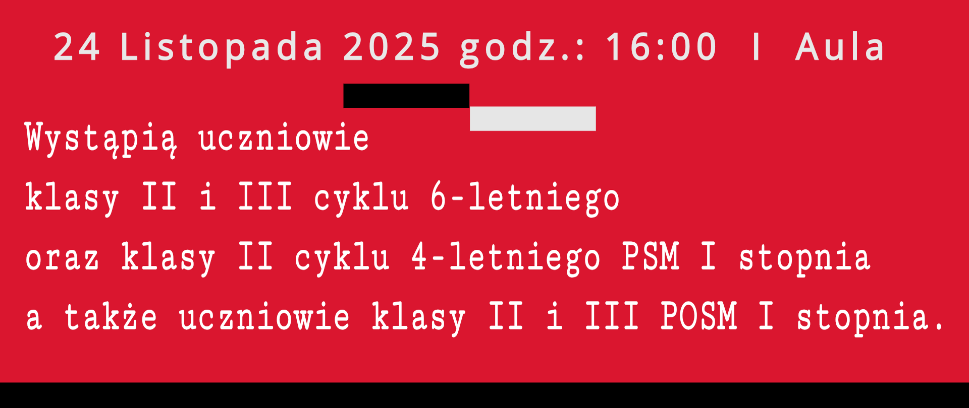 Czerwone tło, grafika klawiszowa, tekst dotyczący audycji sekcji klawiszowej I stopnia, 24 listopada o godz. 16.00