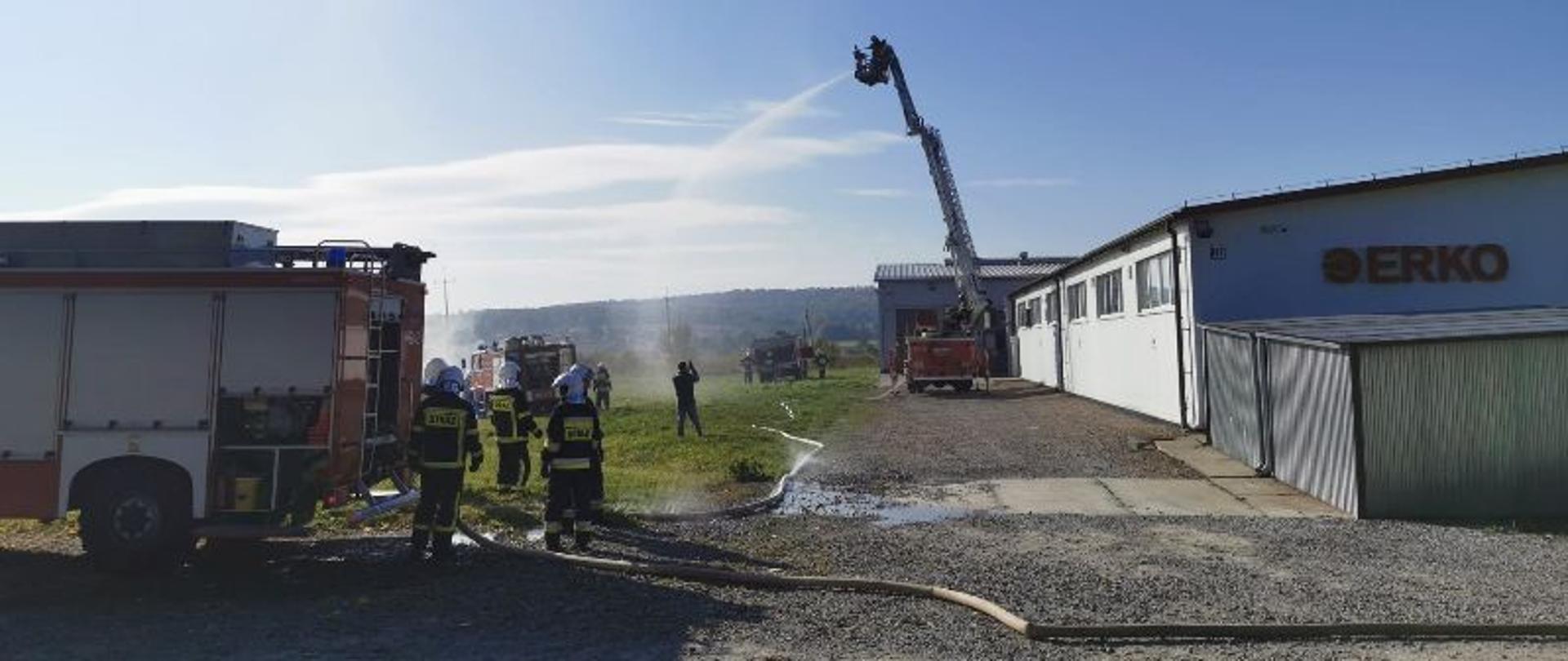 Na zdj. strażacy OSP oraz podawany prąd wody (gaśniczy)