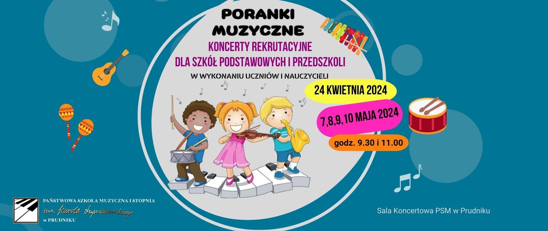 Baner przedstawia muzykujące dzieci oraz napis z informacją o koncertach rekrutacyjnych.