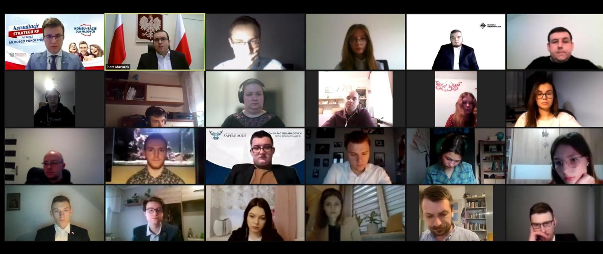 Konsultacje strategii na rzecz młodego pokolenia - zrzut ekranu pokazujący uczestników wideospotkania - dla województwa dolnośląskiego, Uśmiechnięte twarze.