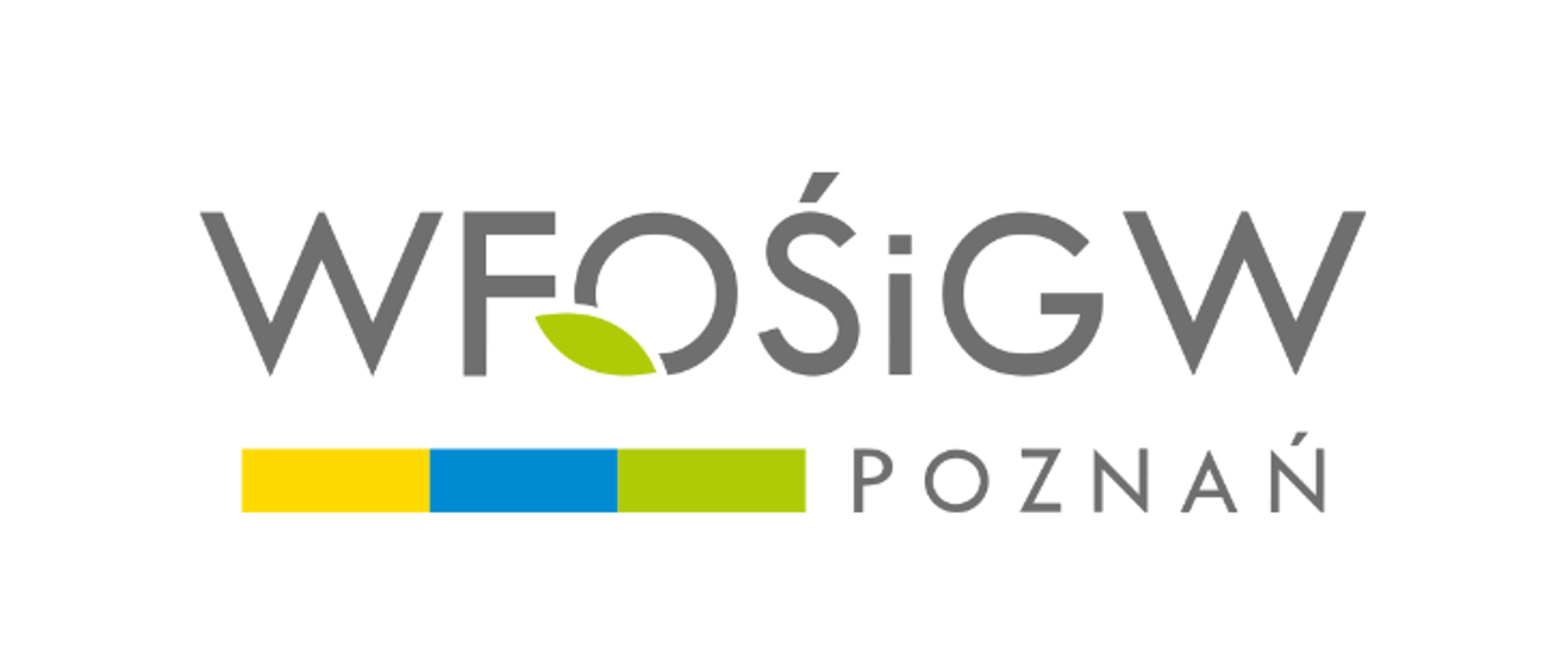 Logo Wojewódzkiego Funduszu Ochrony Środowiska i Gospodarki Wodnej w Poznaniu. Napis WFOŚiGW Poznań, na który nachodzi zielony listek.