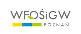 Logo Wojewódzkiego Funduszu Ochrony Środowiska i Gospodarki Wodnej w Poznaniu. Napis WFOŚiGW Poznań, na który nachodzi zielony listek.