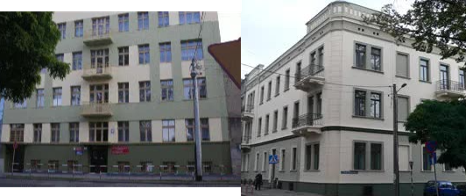 Z lewej strony zdjęcie fasady budynku szkolnego przy Jasnogórskiej 17. Z lewej strony drzewo z sąsiedniej posesji.
Z prawej strony zdjęcie narożnika budynku szkolnego przy Jasnogórskiej 30. Z prawej strony drzewo z sąsiedniej posesji.