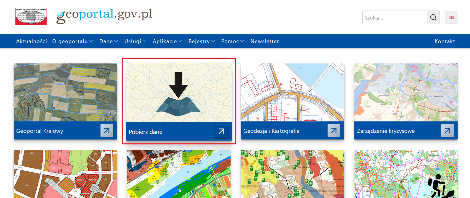 Ilustracja przedstawia stronę główną www.geoportal.gov.pl z zaznaczonym modułem "Pobierz dane", w którym jest dostępna nowa usługa