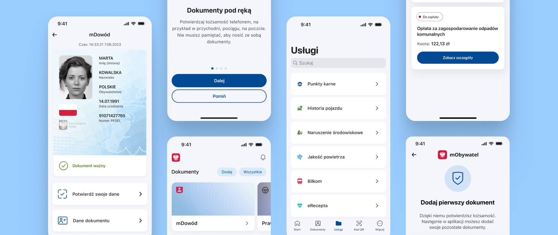 Zrzuty ekranów z aplikacji mObywatel 2.0.