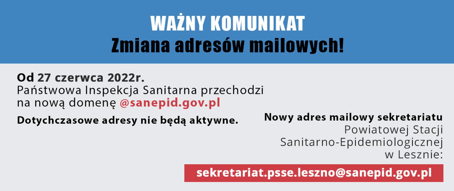 Zmiana adresów mailowych Państwowej Inspekcji Sanitarnej