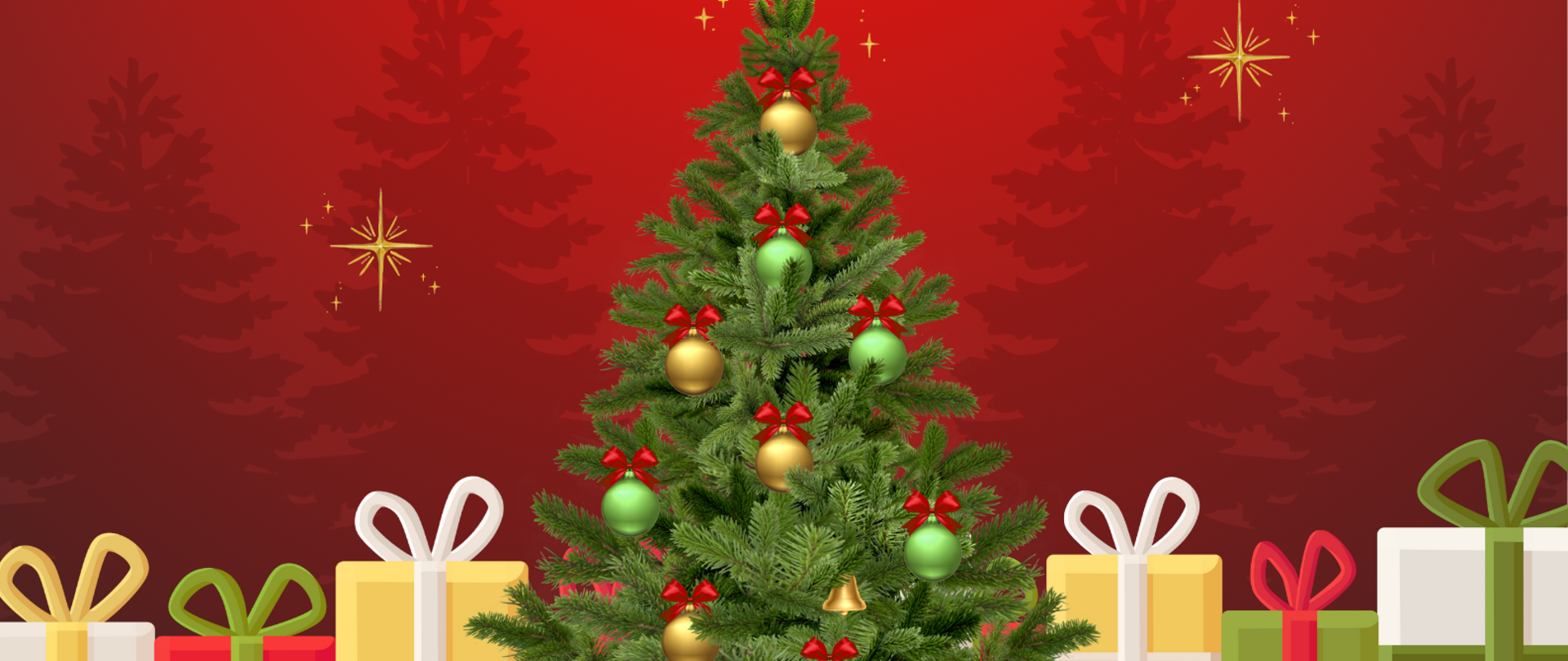 Na czerwonym tle białymi literami życzenia świąteczne. Na dole choinka i prezenty. U góry świerk i kolorowe bombki. W tle gwiazdki