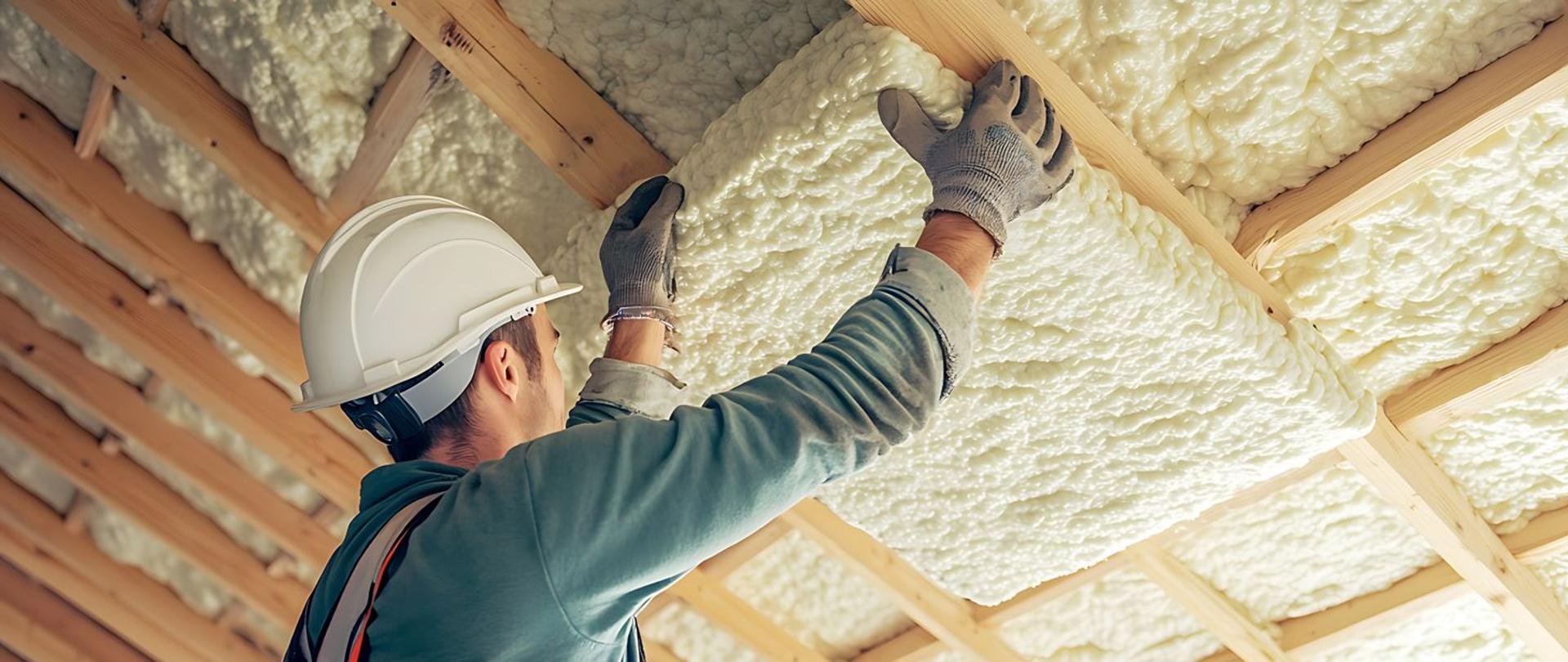 Robotnik ociepla poddasze wełną skalną