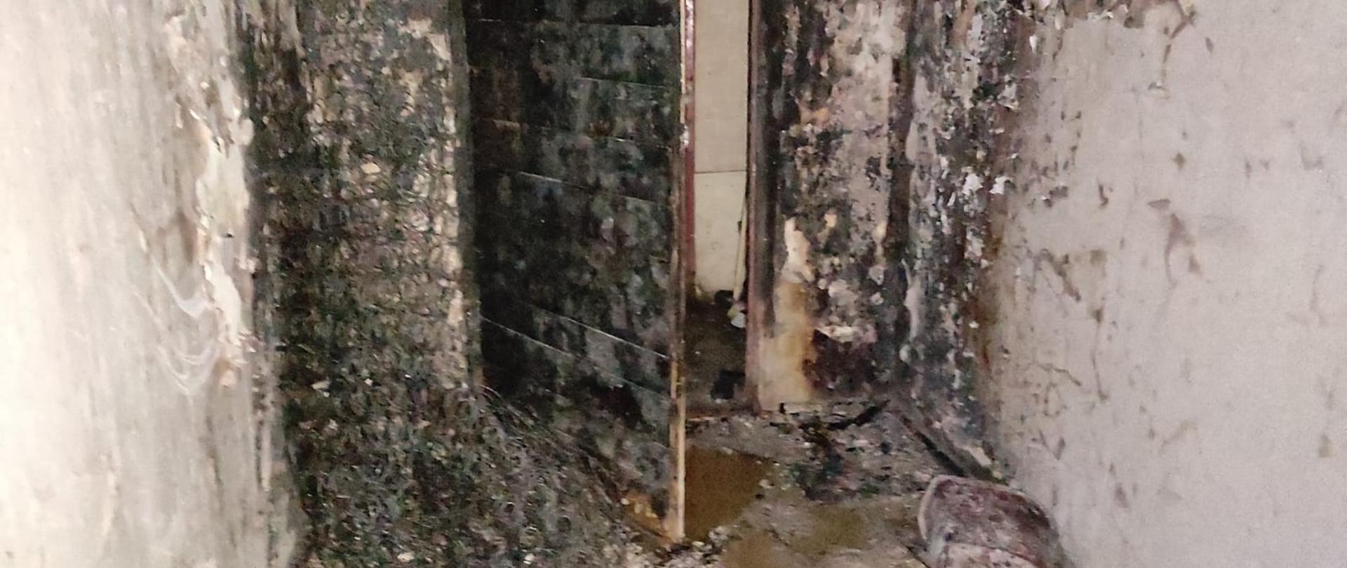Spalony korytarz i drzwi wejściowe do mieszkania.