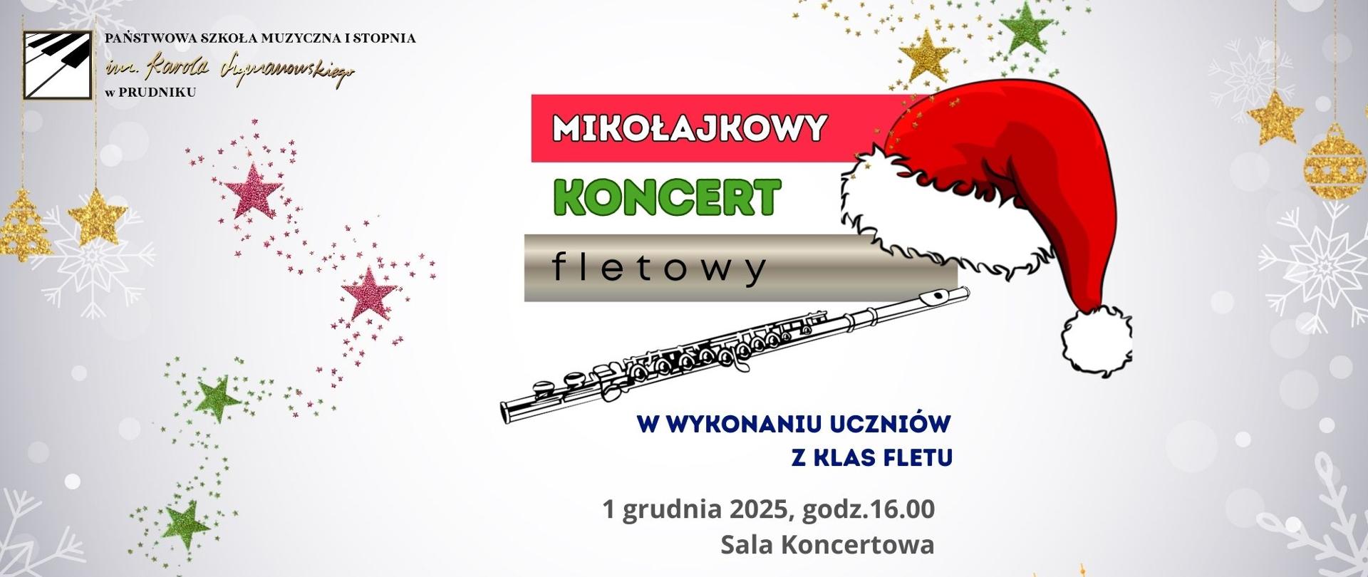 Baner z informacją o koncercie. Na szarym tle napisy oraz grafika przedstawiająca flet.