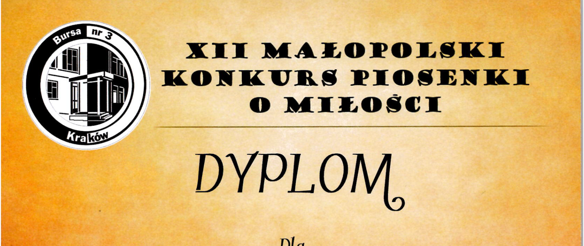 Na zdjęciu dyplom za zajęcie trzeciego miejsca w Konkursie Piosenki o Miłości. Żółto - różowe tło, czarne napisy informacyjne, logo bursy nr 3. Grafika przedstawiające różne instrumenty muzyczne w kolorze czarnym.