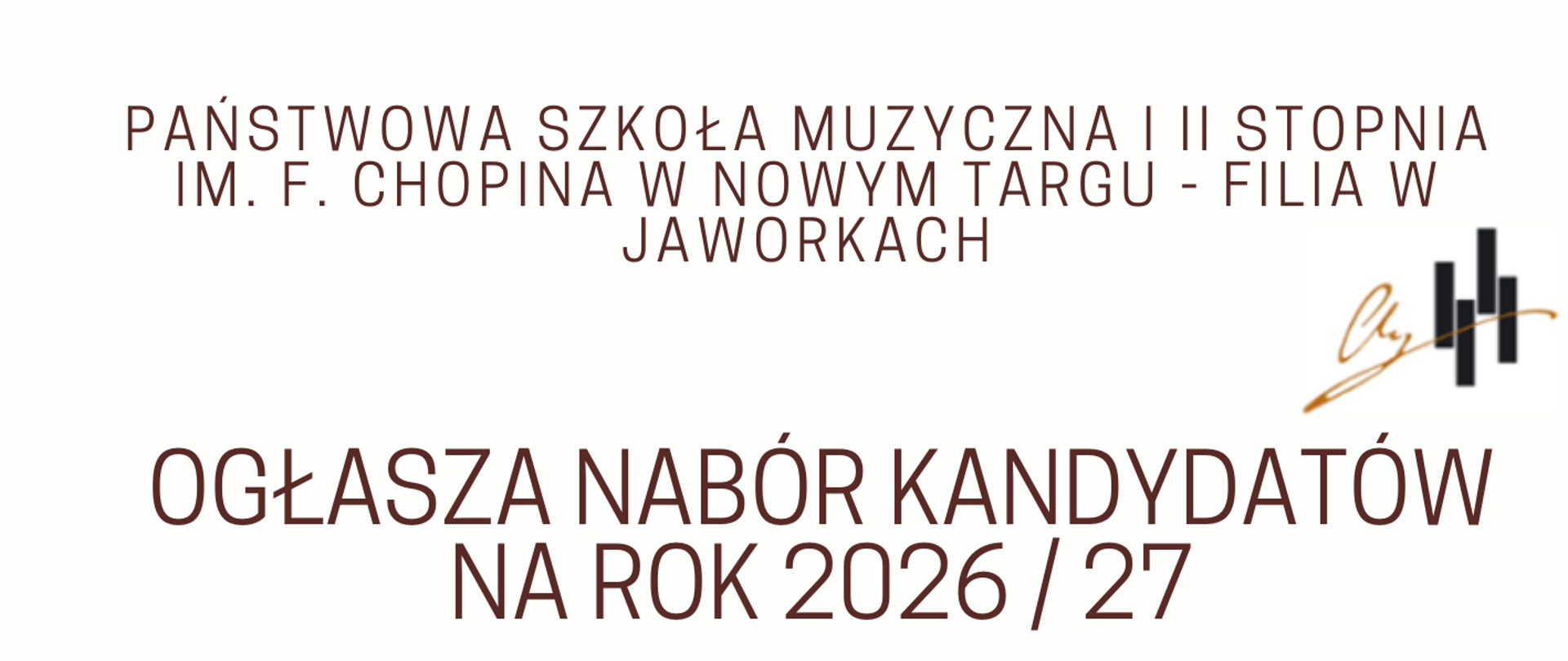 Plakat zachęca żywą, ciepłą kolorystyką i radosną grafiką, która od razu przywodzi na myśl energię płynącą z muzyki. Dominujący kolor pomarańczowy w dolnej części grafiki, ozdobiony ilustracjami bębna, trąbki oraz roztańczonych nut, tworzy przyjazną atmosferę – idealną dla młodych artystów stawiających swoje pierwsze kroki w świecie dźwięków.