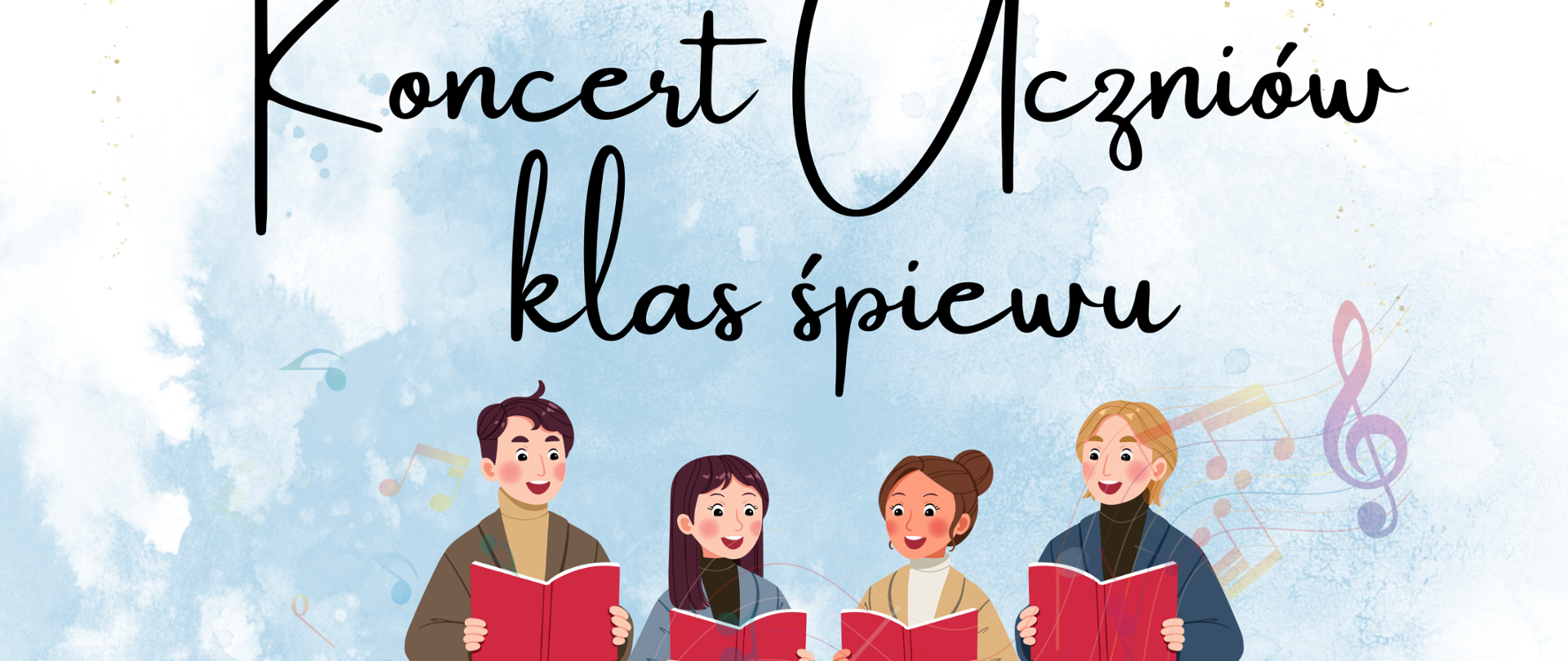 Plakat biało-niebieskie zimowe tło w przeciwległych rogach grafiki przedstawiające rysowane złotą kreską kontury gałązek i liści centralnie grafika przedstawiająca czworo młodych ludzi Dwie dziewczyny dwóch chłopców w więziennych ubraniach śpiewających trzymających otwarte nuty z układem czerwonymi napis państwowa szkoła muzyczna pierwszego i drugiego stopnia mienia Witolda Lutosławskiego w Nysie zaprasza na koncert uczniów klas śpiewu 2 grudnia 2025 godzina 16:20 sala koncertowa im Jerzego kozarzewskiego