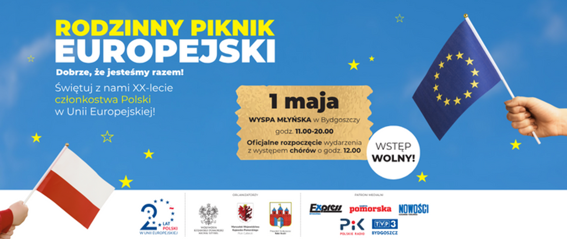 Plakat, flaga Unii Europejskiej i Polski