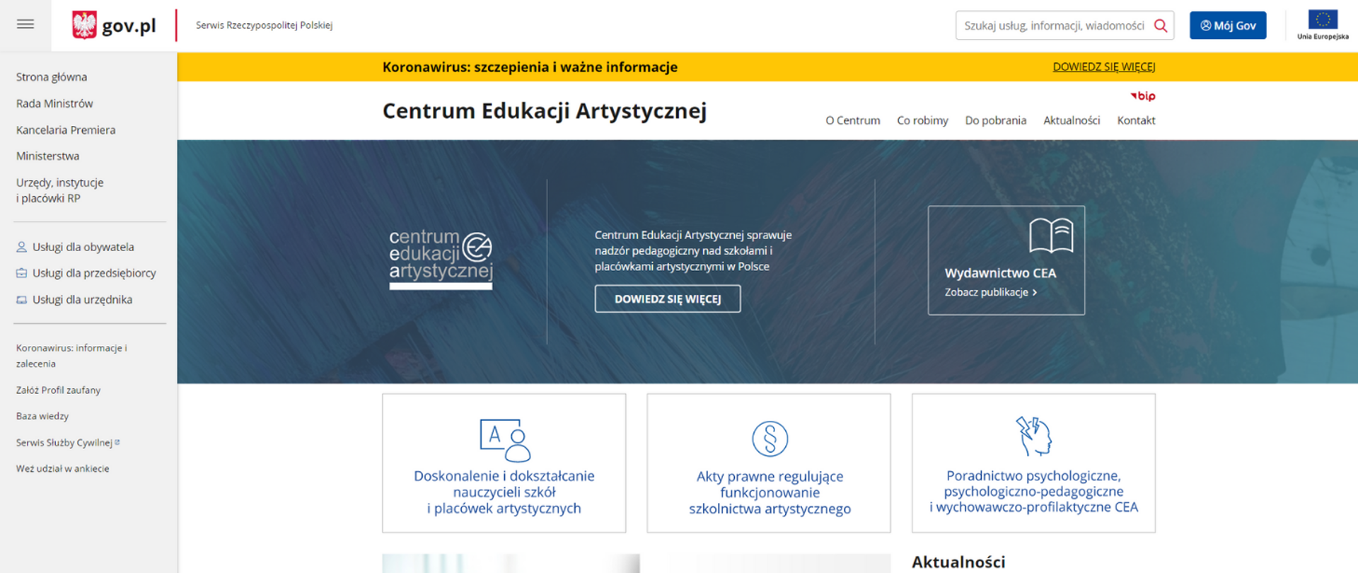 Zdjęcie fragmentu strony główne CEA na portalu gov.pl