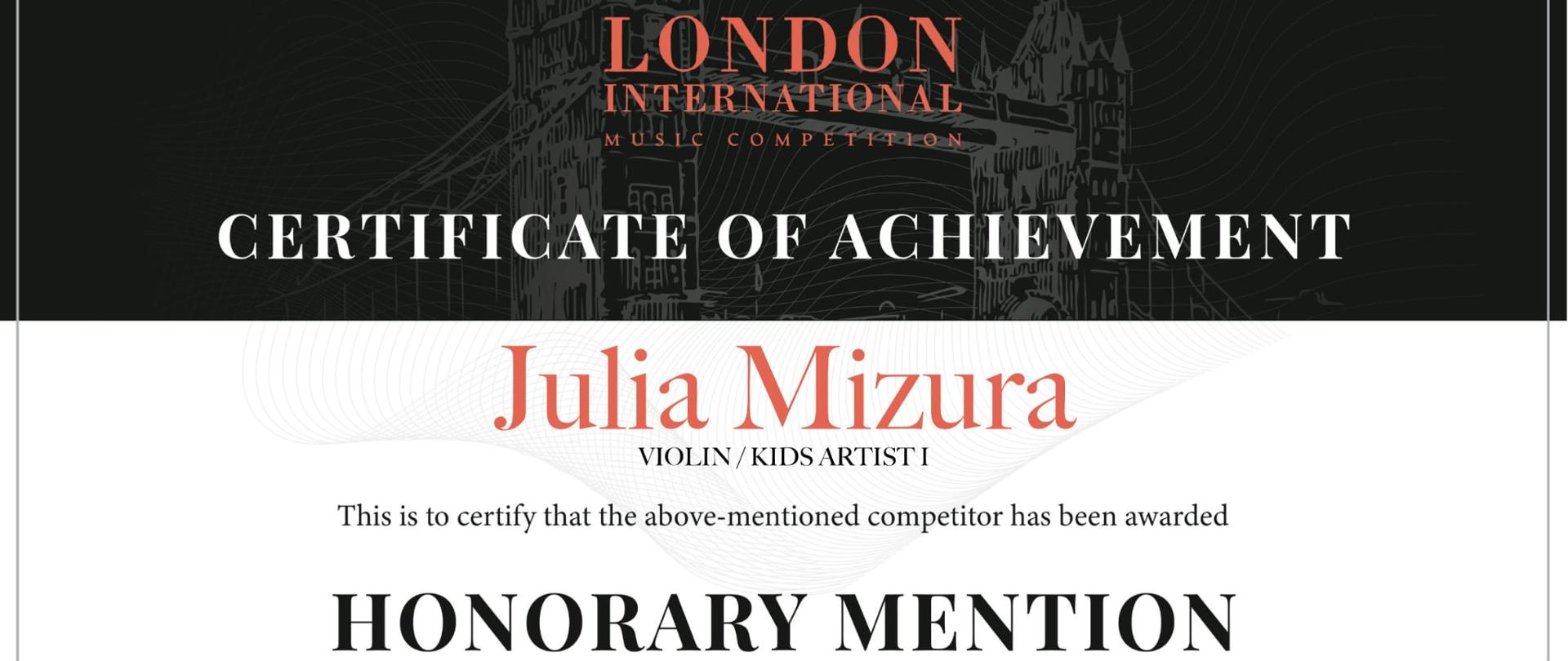 Dyplom dla Julii Mizury Honorary Mention London International Music Competition