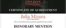 Dyplom dla Julii Mizury Honorary Mention London International Music Competition