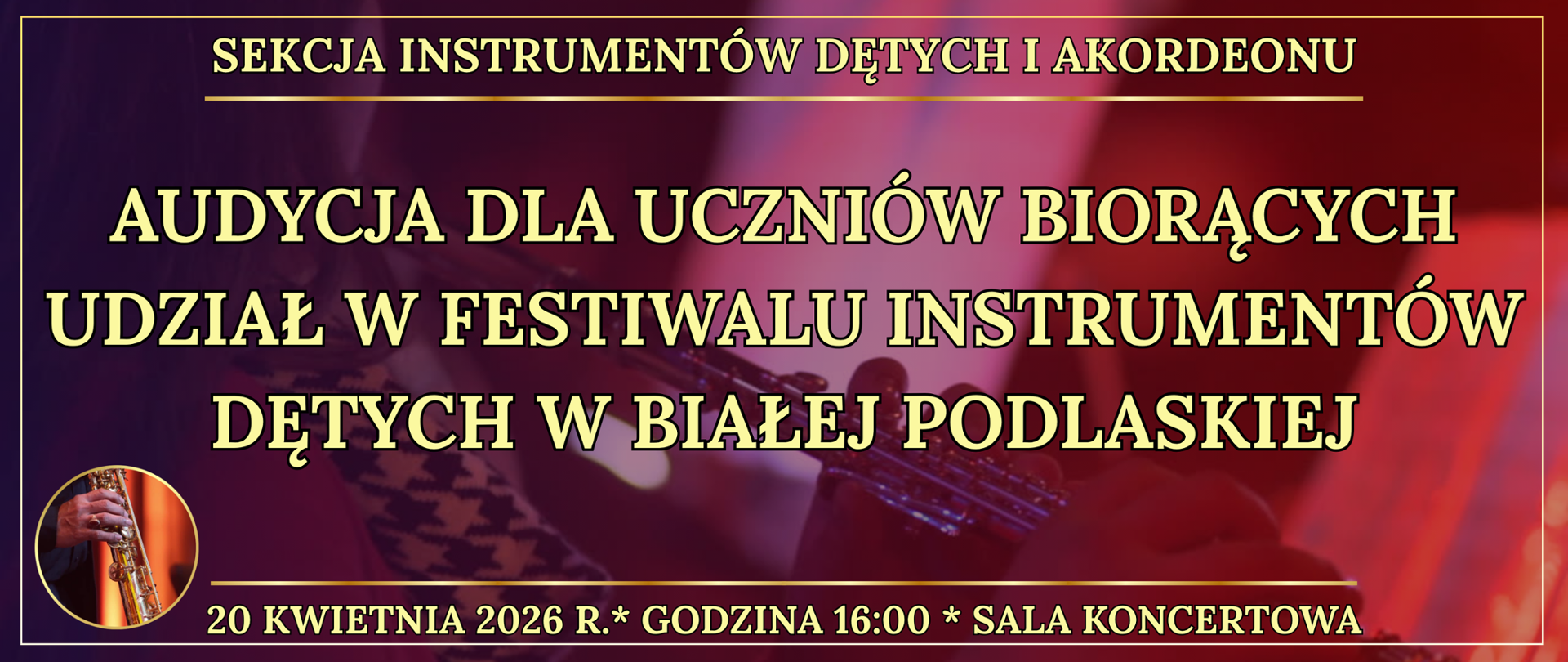 baner w tle osoba grająca na flecie poprzecznym po lewej w kole ręce trzymające flet poprzeczny oraz informacja o wydarzeniu