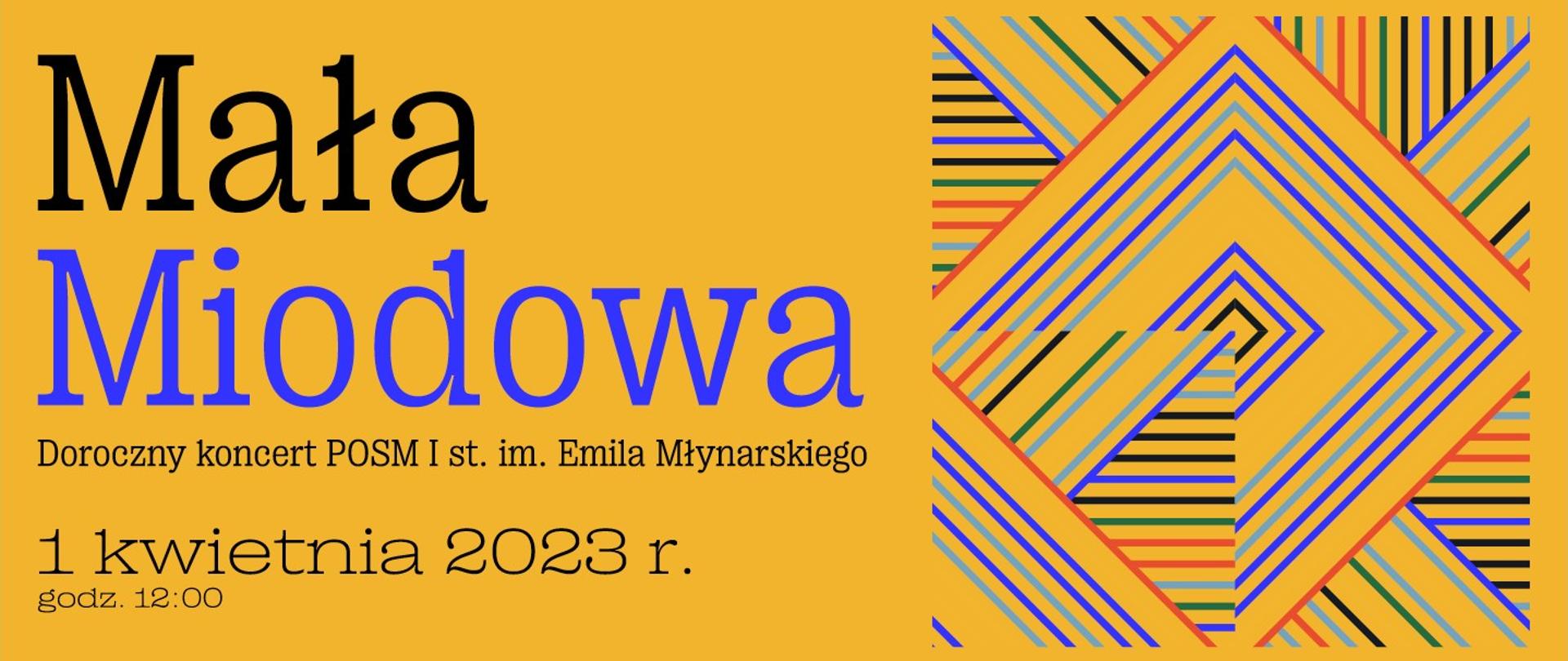 Wzór geometryczny złożony z kolorowych linii po prawej, po lewej tekst informujący o koncercie