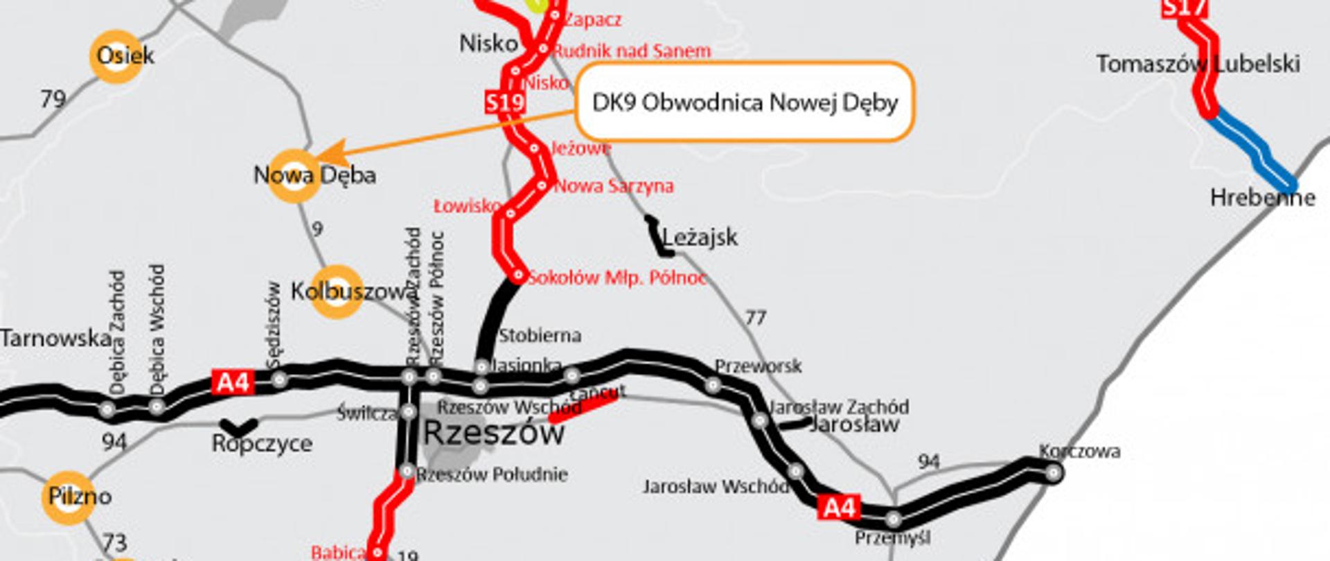 Mapka z zaznaczoną Nową Dębą