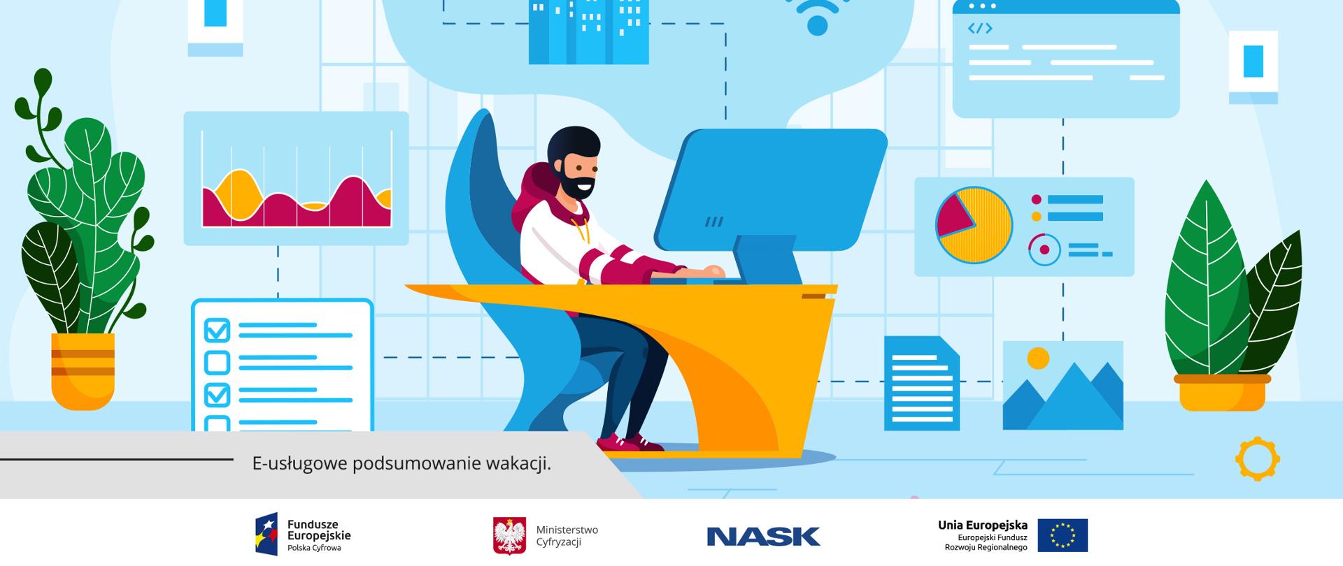 Grafika wektorowa - mężczyzna z broda siedzący przy dużym ekranie komputera, wokół niego ikony kojarzące się z internetem, zdjęcia, diagramy. Całość utrzymana w niebiesko-pomarańczowo-zielonej stylistyce.