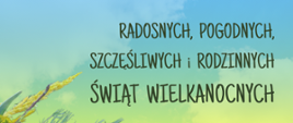 Załączony obrazek to kartka świąteczna z życzeniami wielkanocnymi. Po lewej stronie znajduje się fragment bukietu wiosennych roślin,na tle nieba w odcieniach zieleni i błękitu. 