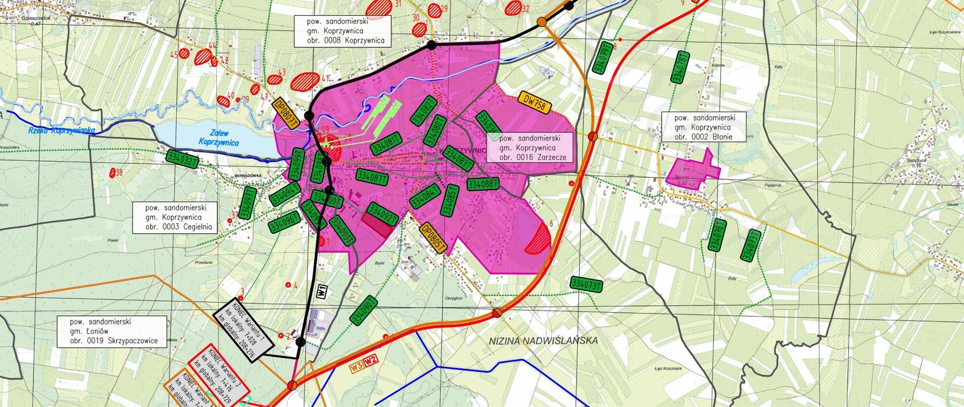 DK79 Sośniczany - Koprzywnica - mapka orientacyjna z zaznaczonymi trzema wariantami przebiegu drogi 
