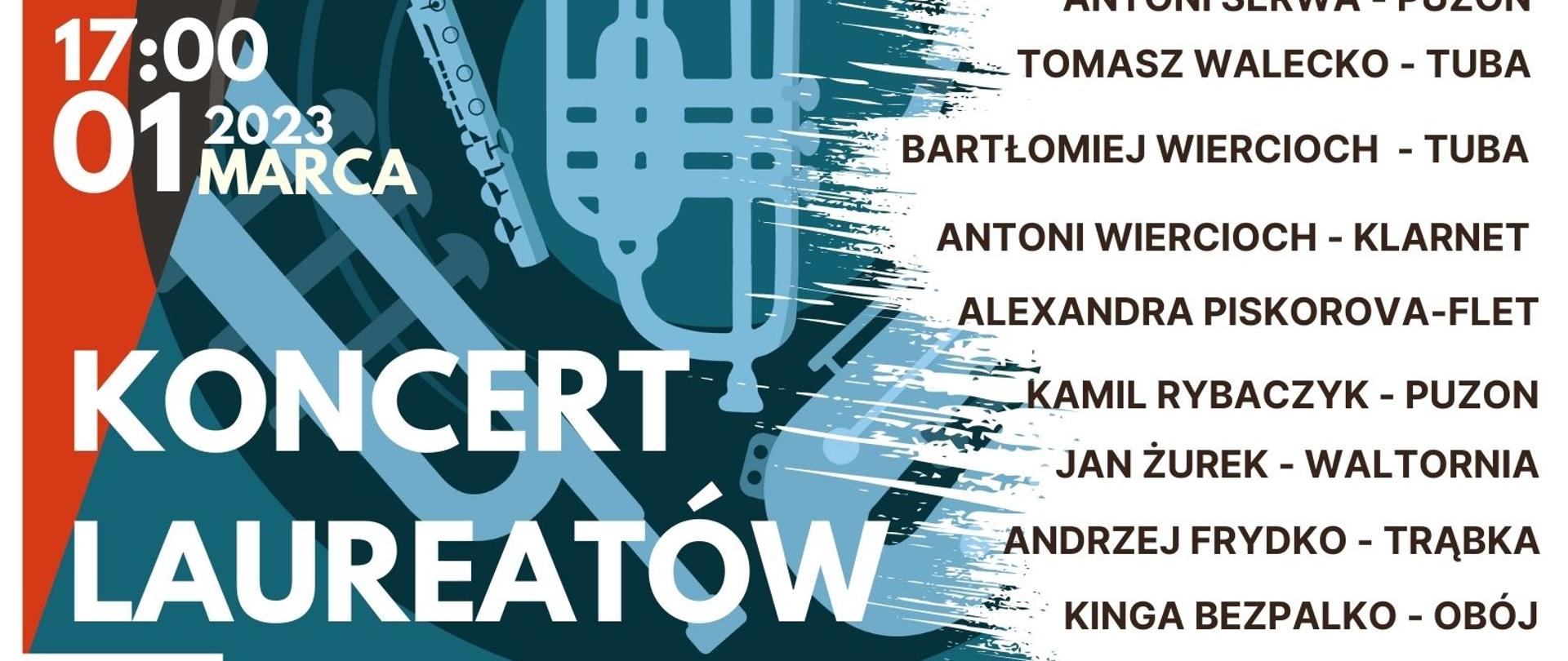Plakat informujący o koncercie laureatów XIII Międzynarodowego Konkursu Instrumenty Dęte w Jastrzębiu-Zdroju