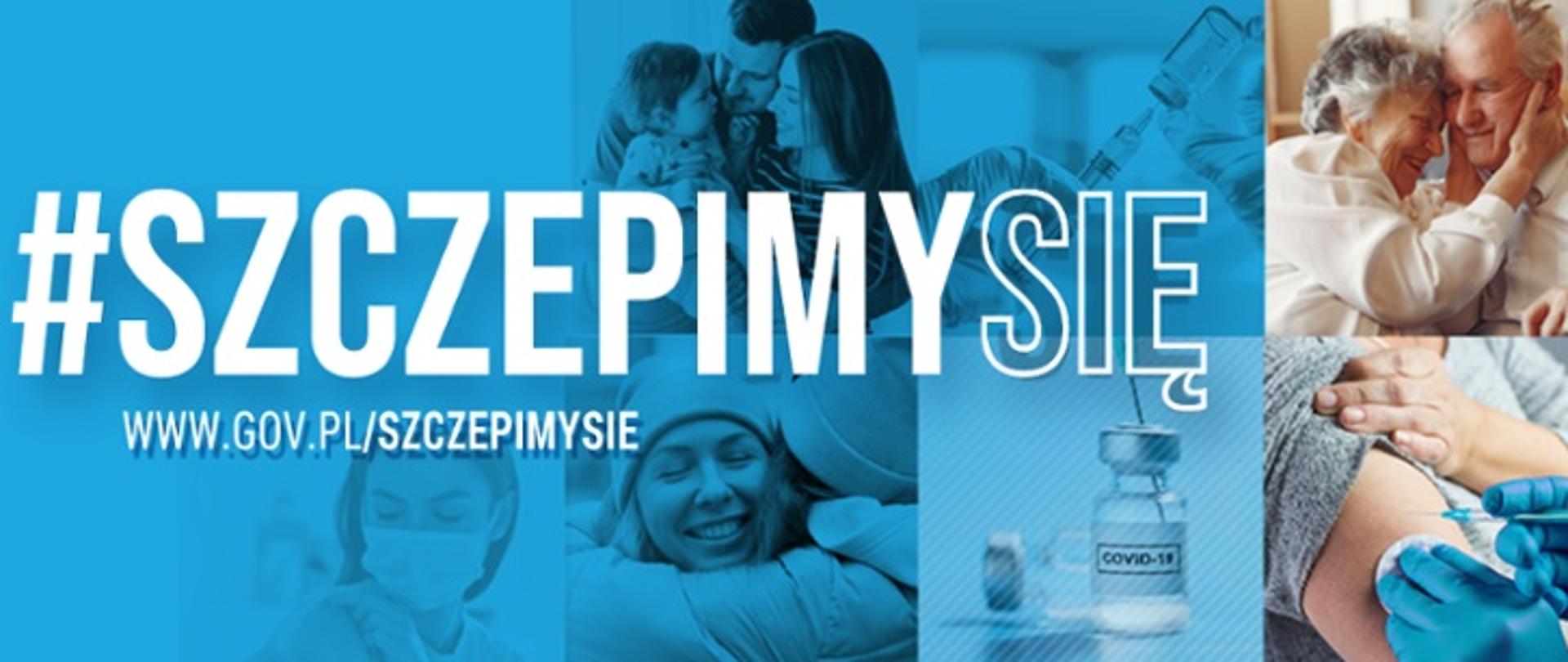 Logotyp akcji szczepimy się w białym kolorze znak hasztag i napis szczepimy się na niebieskim tle, w tle twarze osób