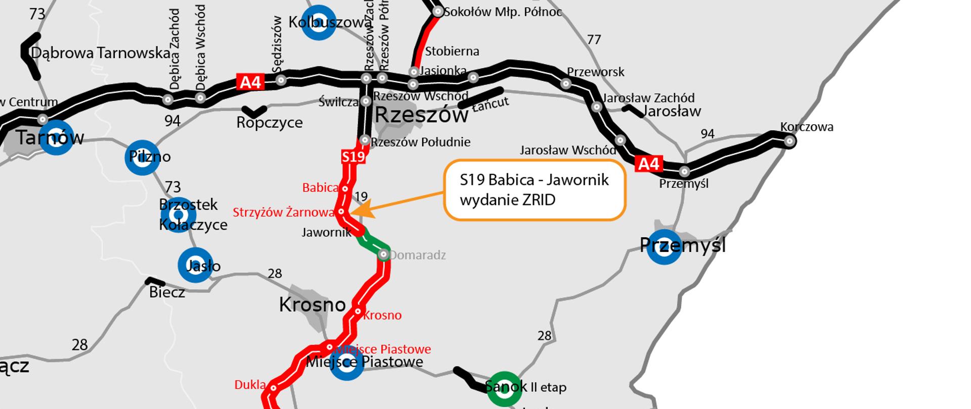 Mapa z zaznaczonym odcinkiem S19 Babica - Jawornik na który uzyskano ZRID