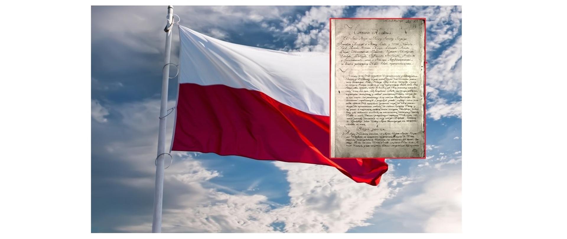Na zdjęciu flaga polski wraz z zarysem dokumentu Konstytucja 3 Maja