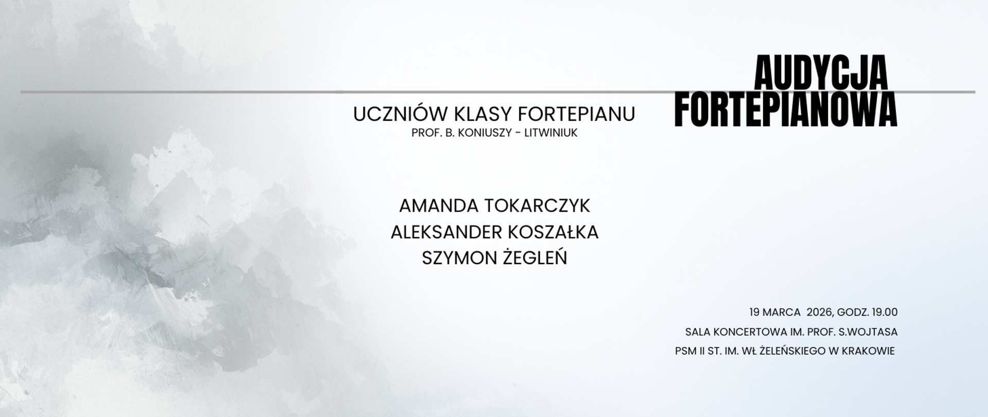 na jasnym tle przedstawiającym chmury na środku czarne napisy informujące o wykonawcach, a po prawej o szczegółach wydarzenia