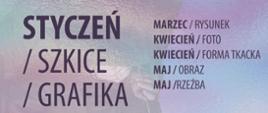 Plakat konkursu. Duży teksty: Styczeń / szkice, grafika; Marzec / rysunek; Kwiecień / foto; Kwiecień / forma tkacka; Maj / obraz; Maj / rzeźba