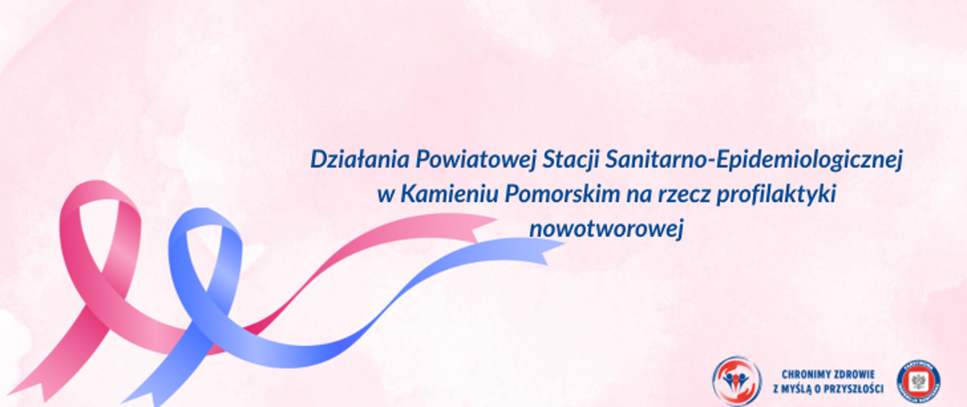 Na różowym tle po lewej stronie dwie wstążeczki symbolizujące choroby nowotworowe. Pierwsza w kolorze różowym, druga niebieskim. Na środku granatowy napis Działania Powiatowej Stacji Sanitarno-Epidemiologicznej w Kamieniu Pomorskim na rzecz profilaktyki nowotworowej. W prawy dolnym rogu logo Państwowej Inspekcji Sanitarnej wraz z hasłem Chronimy zdrowie z myślą o przyszłości