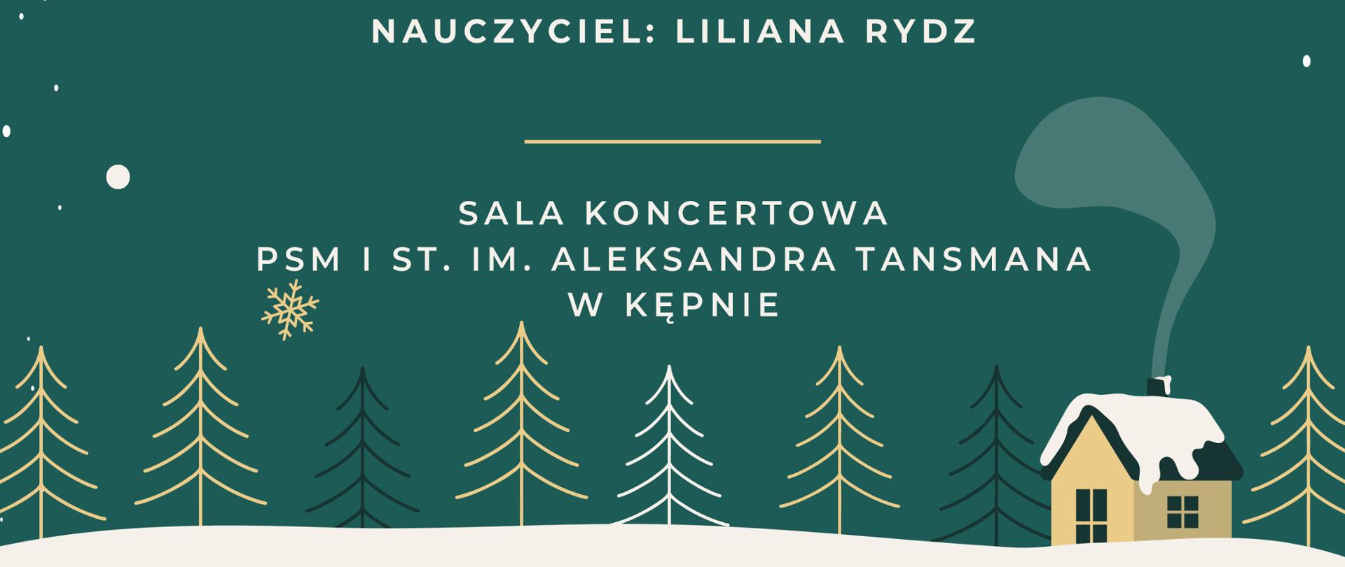 Na ciemnozielonym tle białe i złote napisy. Na środku nazwa wydarzenia, poniżej pozostałe informacje: nauczyciel, czas i miejsce koncertu. Plakat ozdobiony jest skromną grafiką - choinki, domek pokryty śniegiem (na dole), śnieżki i kulki śnieżne (na całej powierzchni). 