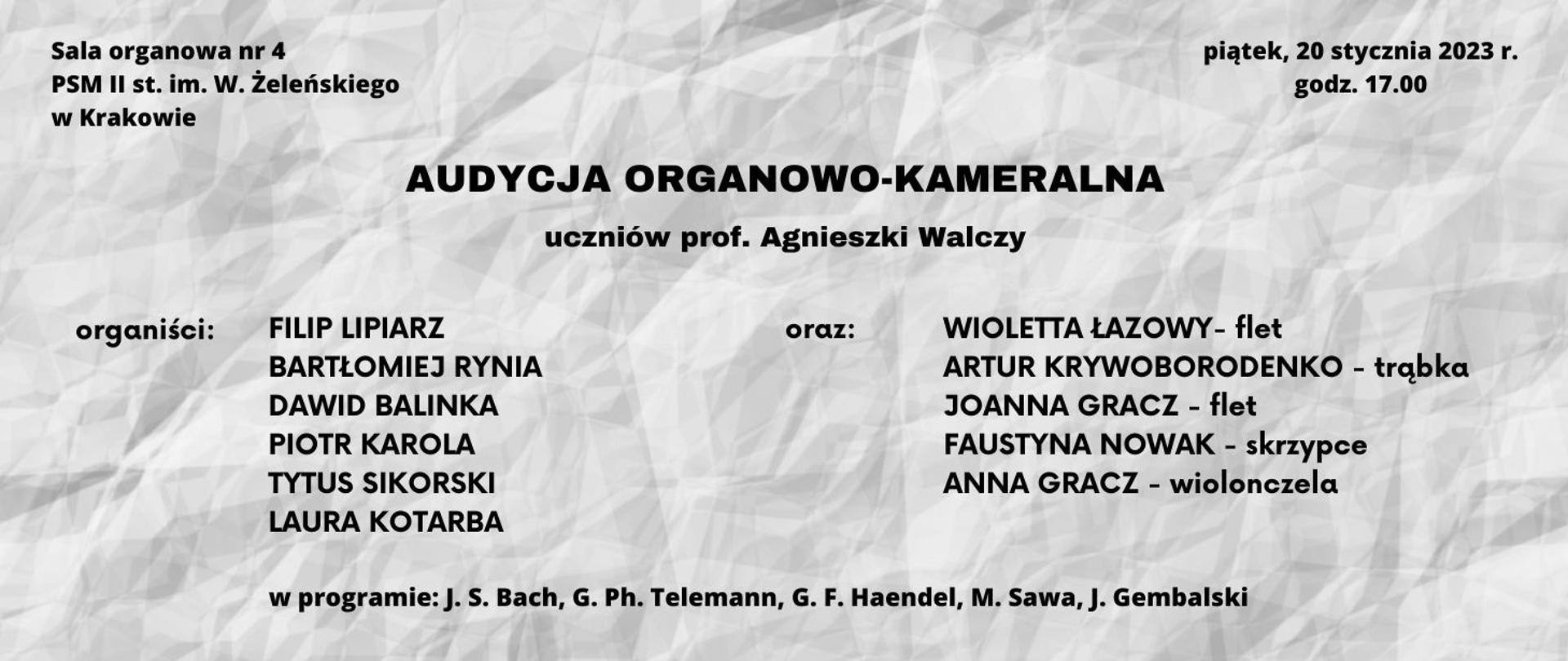 Na pomiętej kartce napis audycja organowo-kameralna uczniów prof. A.Walczy piątek 20.01.2023 godz.17