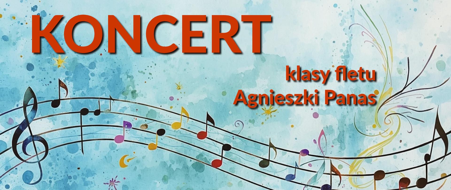 plakat Koncertu uczniów klasy fletu Agnieszki Panas i klasy fortepianu Adrianny Zielińskiej na fantazyjnym tle w odcieniach błękitu z motywem pięciolinii z kolorowymi nutkami w tle