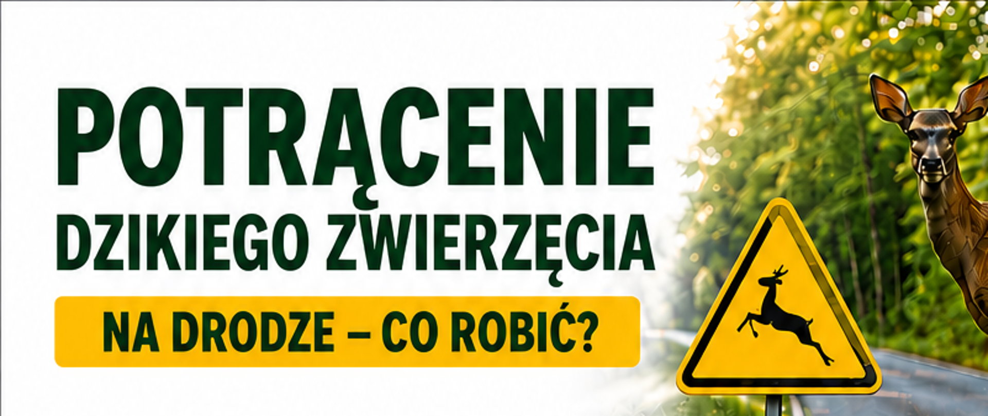 Plakat edukacyjno-informacyjny w języku polskim zatytułowany „POTRĄCENIE DZIKIEGO ZWIERZĘCIA NA DRODZE – CO ROBIĆ?”. Grafika ma białe tło z zielonymi, czarnymi i żółtymi elementami. W górnej części znajduje się duże zdjęcie przedstawiające jelenia stojącego przy asfalcie obok żółtego znaku ostrzegawczego „Uwaga dzikie zwierzęta” (A-18b). Informacje na plakacie są podzielone na czytelne sekcje z ikonami i punktami.