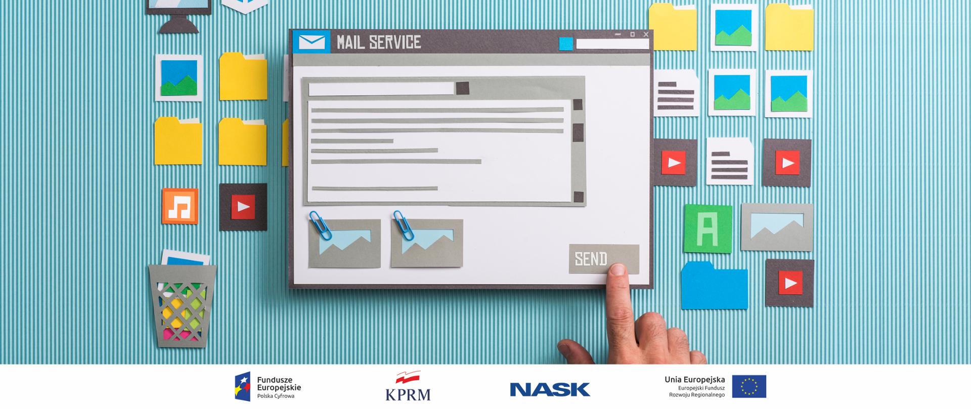 Zdjęcie - graficzne symbole kojarzące się z pocztą elektroniczną. Na pierwszym planie ekran przypominający okno wiadomości e-mail. Na dole widoczna dłoń naciskająca przycisk "sen", Wokół symbole folderów i plików.