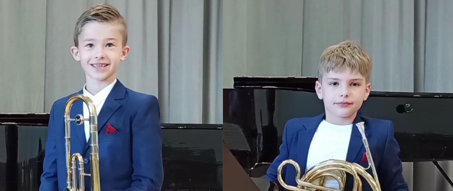 Sylwetki dwóch chłopców, puzonisty i waltornisty trzymających swoje instrumenty