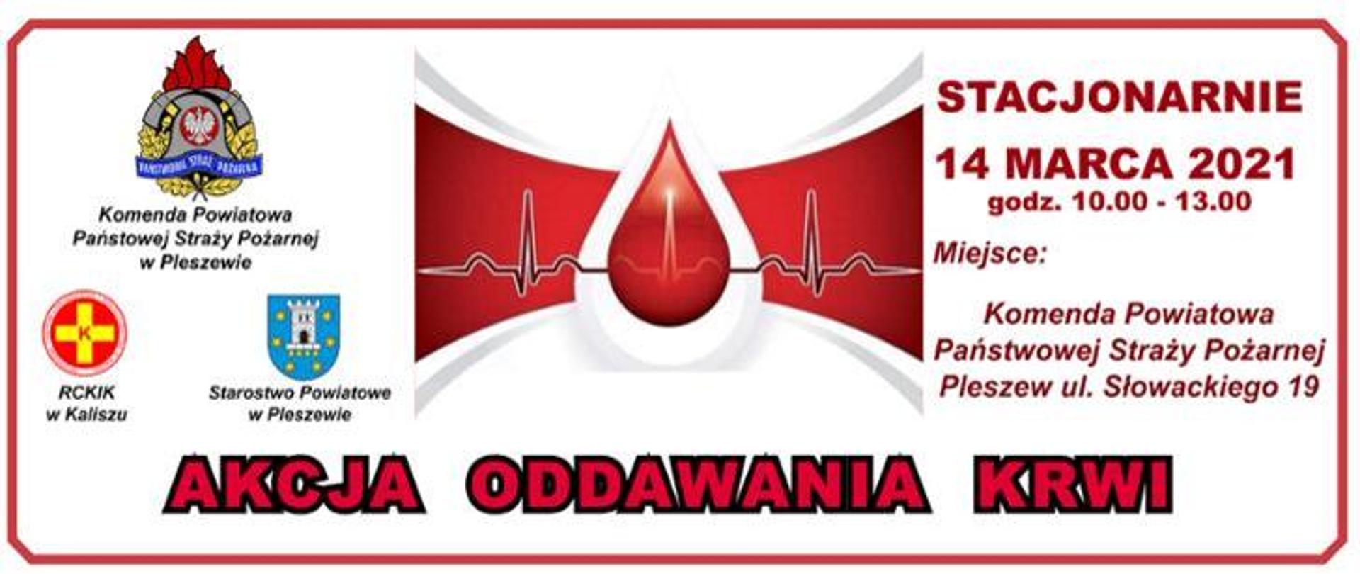 KP PSP w Pleszewie organizuje akcję oddawania krwi w siedzibie Komendy Powiatowej PSP ul. Słowackiego 19. Baner informacyjny zawiera kroplę krwi oraz logo PSP, Starostwa Powiatowego oraz RCKiK w Kaliszu.