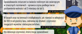 Grafika kampanii informacyjnej z hasłem „Wypalanie traw jest nielegalne”, przedstawiająca konsekwencje prawne oraz kary grożące za wypalanie traw i nieużytków.