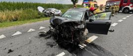 Po środku rozbity przód samochodu Seat. Z tyłu w rowie rozbity samochód Skoda. Z tyłu po prawej stronie karetka pogotowia i wóz strażacki. Obok stoją strażacy.