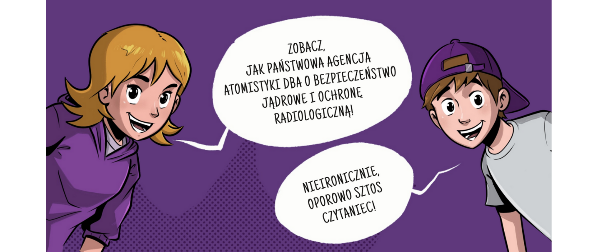 Dwójka bohaterów zachęca do przeczytania komiksu