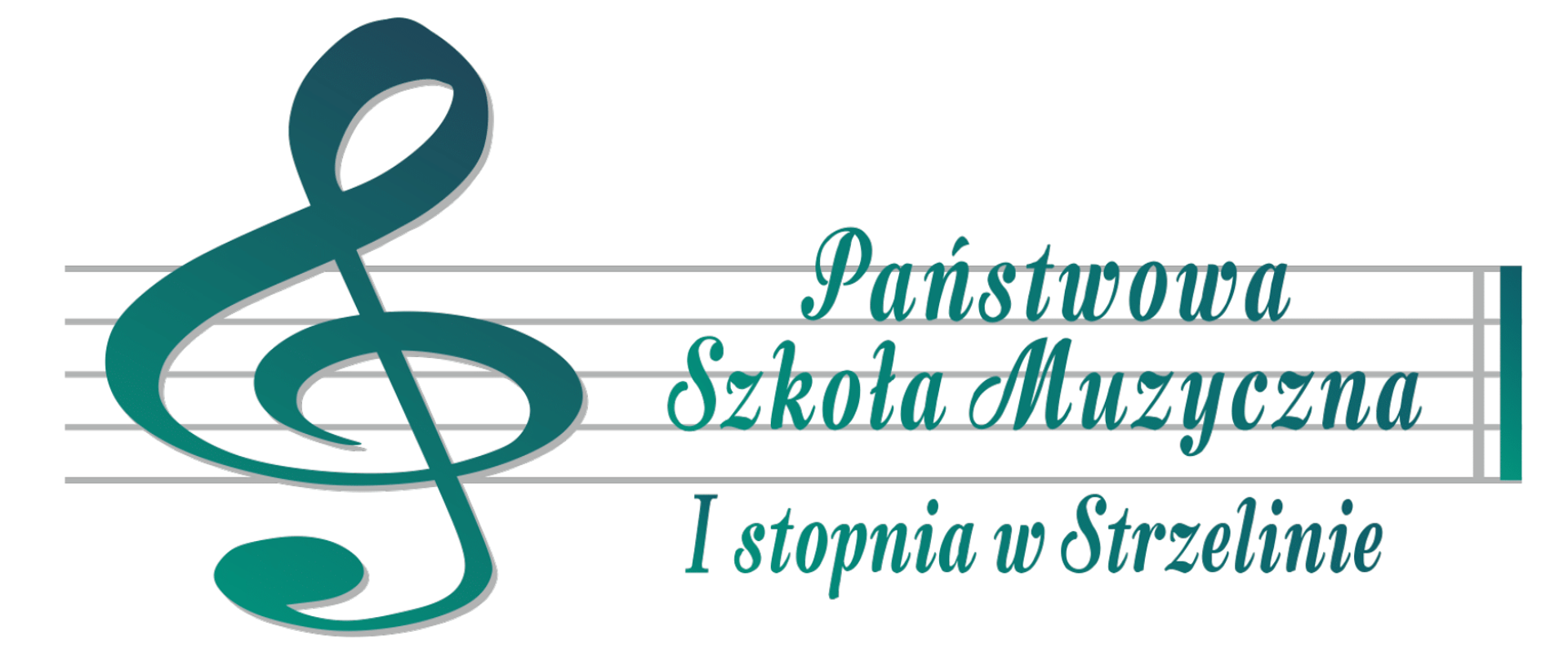 Logo przedstawia zielony klucz wiolinowy oraz napis "Państwowa Szkoła Muzyczna I stopnia w Strzelinie" znajdujący się na pięciolinii 