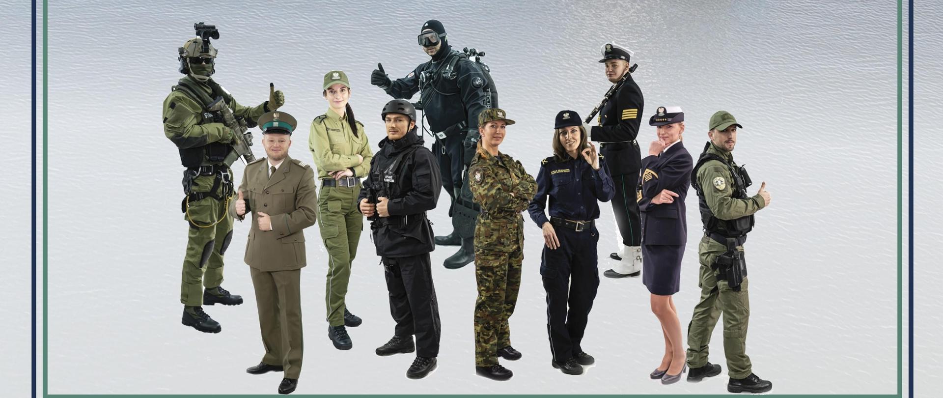 grupa osób w rożnych mundurach Straży Granicznej trzyma uniesiony kciuk