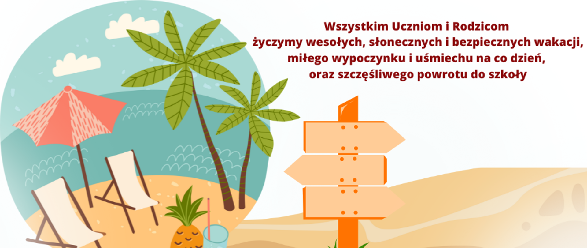 Baner z życzeniami wakacyjnymi - po lewej stronie w obszarze koła ikonografika plaży nad wodą, rozstawione dwa fotele plażowe oraz parasol, po prawej stronie dwie palmy raz sok oraz owoc cytrusowy. Po prawej stronie na górze brązowymi literami napis: Wszystkim Uczniom i Rodzicom życzymy wesołych, słonecznych i bezpiecznych wakacji, miłego wypoczynku i uśmiechu na co dzień, oraz szczęśliwego powrotu do szkoły, Pod napisem drogowskaz.