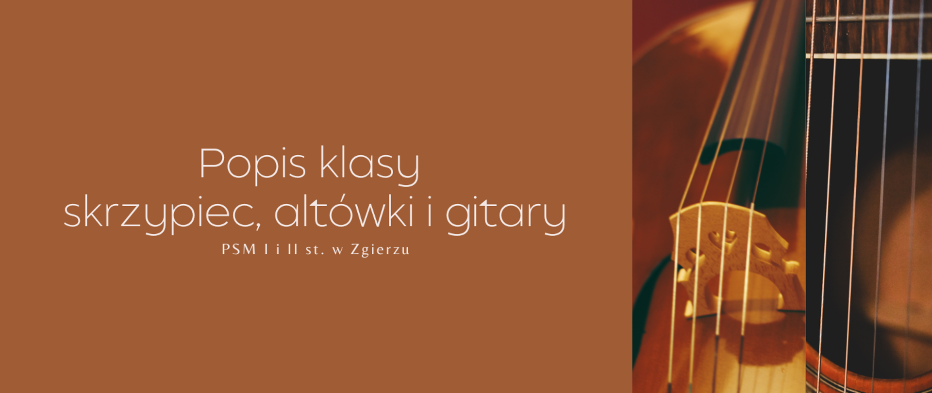 Po lewej stronie, na brązowym tle, biały napis: "Popis klasy skrzypiec, altówki i gitary PSM I i II st. w Zgierzu". Po prawej stronie zdjęcie fragmentu skrzypiec.