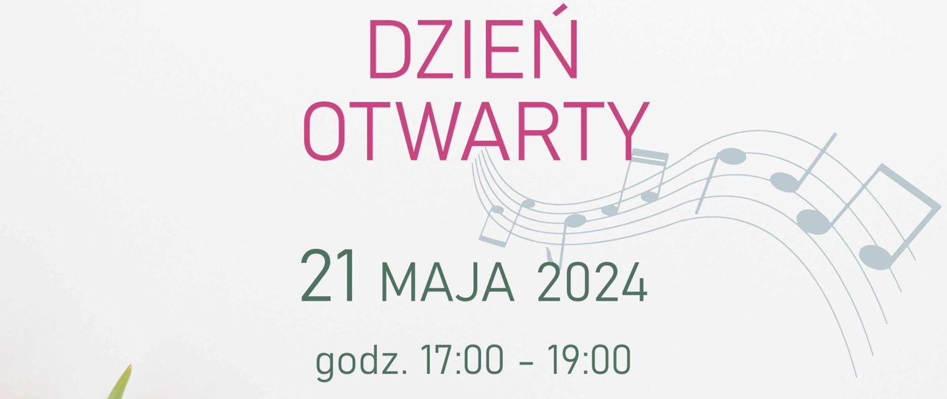 Plakat koncertu wiosennego. Napisy w kolorze zielonym oraz różowym. W dolnym lewym rogu czerwono-żółte tulipany.